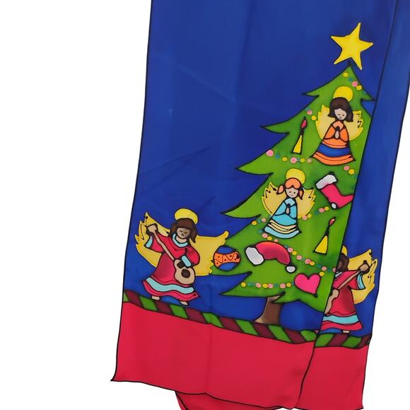 Hand Painted Silk Christmas Scarf Tree Angels Blue Red Green Made in USA - Picture 2 of 5